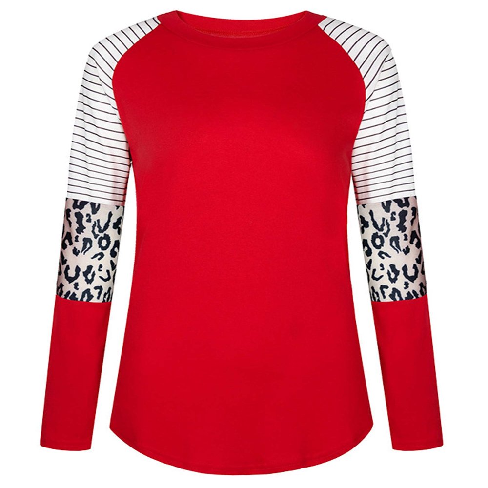 Andongnywell Women's Casual Color Block Tunic Tops Blouse Ladies Leopard Print Round Neck Long Sleeve T-Shirt (Dark Red,X-Large)