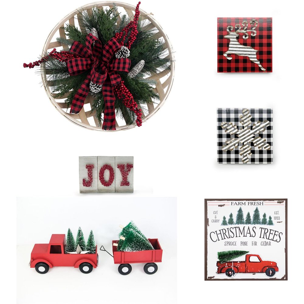 Fraser Hill Farm 5-Piece Christmas Decorating Kit, Modern Farmhouse Christmas Home Decor, Perfect for Mantel, Hearth, Tabletop, and Bookshelf, Buffalo Plaid