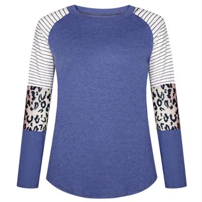 Andongnywell Women's Casual Color Block Tunic Tops Blouse Ladies Leopard Print Round Neck Long Sleeve T-Shirt (Navy Blue,Large)