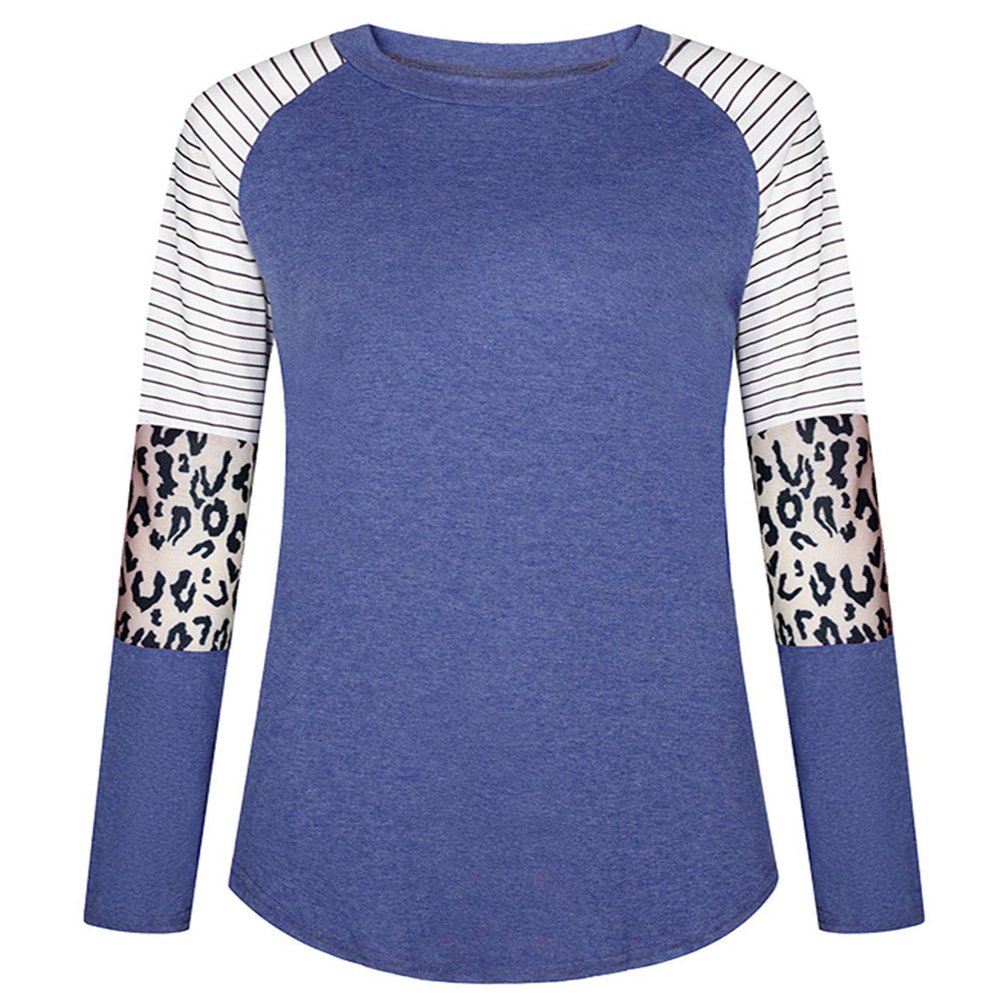 Andongnywell Women's Casual Color Block Tunic Tops Blouse Ladies Leopard Print Round Neck Long Sleeve T-Shirt (Navy Blue,Large)