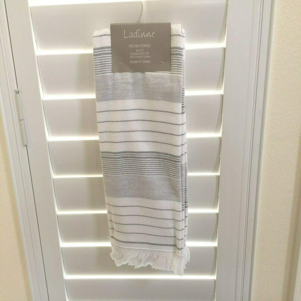 Ladinne Kitchen Towels 3X Set Oversized 20"x30" Gray White Made in Turkey Stripe