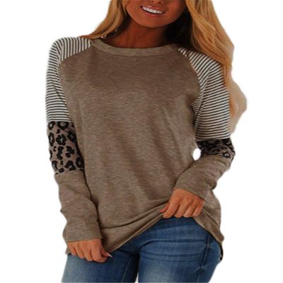 Andongnywell Women's Casual Color Block Tunic Tops Blouse Ladies Leopard Print Round Neck Long Sleeve T-Shirt (Dark Khaki,X-Large)