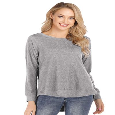 Andongnywell Women's Round Neck Long-Sleeved t-Shirt Solid Color Loose top Short Front and Long Back Blouse (Gray,X-Large)