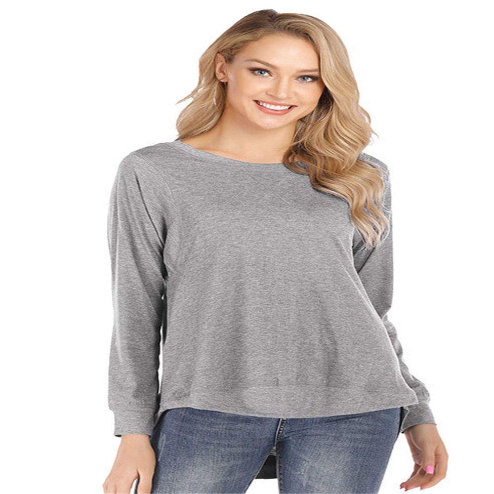 Andongnywell Women's Round Neck Long-Sleeved t-Shirt Solid Color Loose top Short Front and Long Back Blouse (Gray,X-Large)