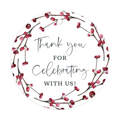 Andaz Press Winter Snowy Woodland Forest Watercolor Wedding Party Collection, Round Circle Gift Tags, Thank You for Celebrating with US, 24-Pack, Wedding Favor Tags
