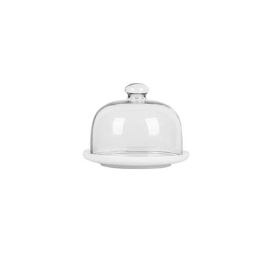 6-inch Dessert Dome, Small Size Cake Snack Dome Household Ceramic Tray with Glass Cover 151512CM Black/White/Blue (Color : White, Size : 151512CM)