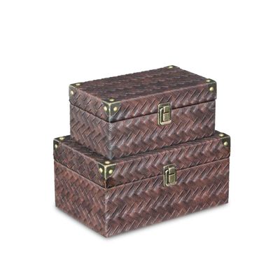 Cheung's 5540-2 Woven Brown Vinyl Pattern Boxes with Front Buckle & Bronze Corners - Set of 2