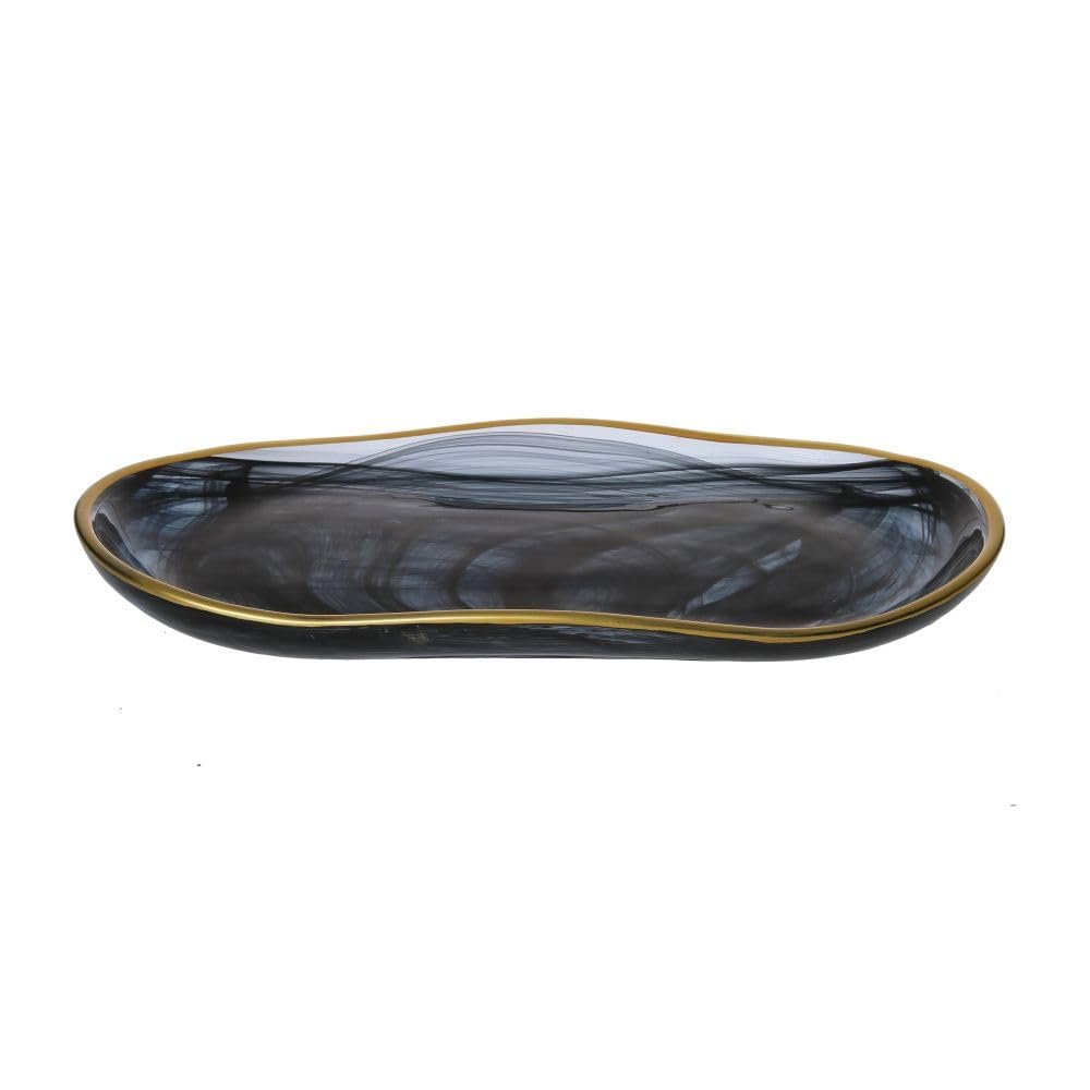 Classic Touch CD350L 13.75 x 7.5 in. Black Alabaster Oval Tray with Gold Scalloped