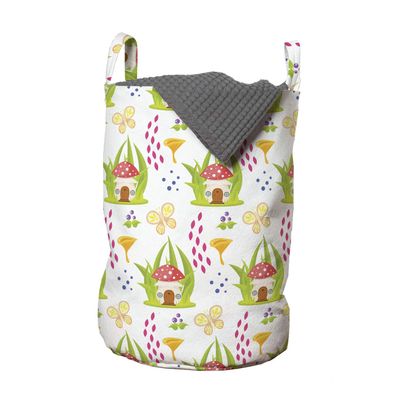 Ambesonne Mushroom Laundry Bag, Spring Forest Toadstool House Pattern Fictional Image Art, Hamper Basket with Handles Drawstring Closure for Laundromats, 13" x 19", Red Multicolor