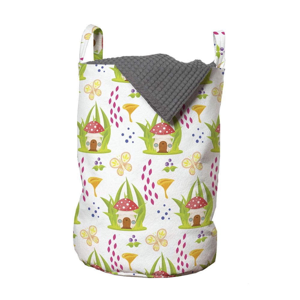 Ambesonne Mushroom Laundry Bag, Spring Forest Toadstool House Pattern Fictional Image Art, Hamper Basket with Handles Drawstring Closure for Laundromats, 13" x 19", Red Multicolor