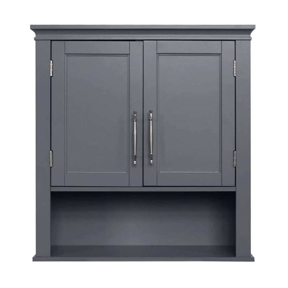 Kitchen Bathroom Storage Cabinet Wall Mounted Medicine Cabinet Double Door Adjustable Internal Shelves Height and Bottom Open Storage Organizer Grey
