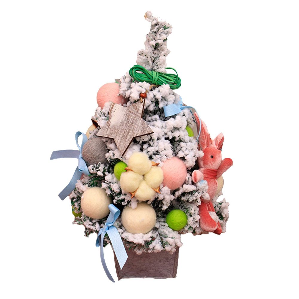Christmas Tree RENRUIRUI- Desktop Flocking, 45cm High, Decorated with Fabric Rabbits and Felt Balls, Home Dining Table Office Desk Xmas Decoration
