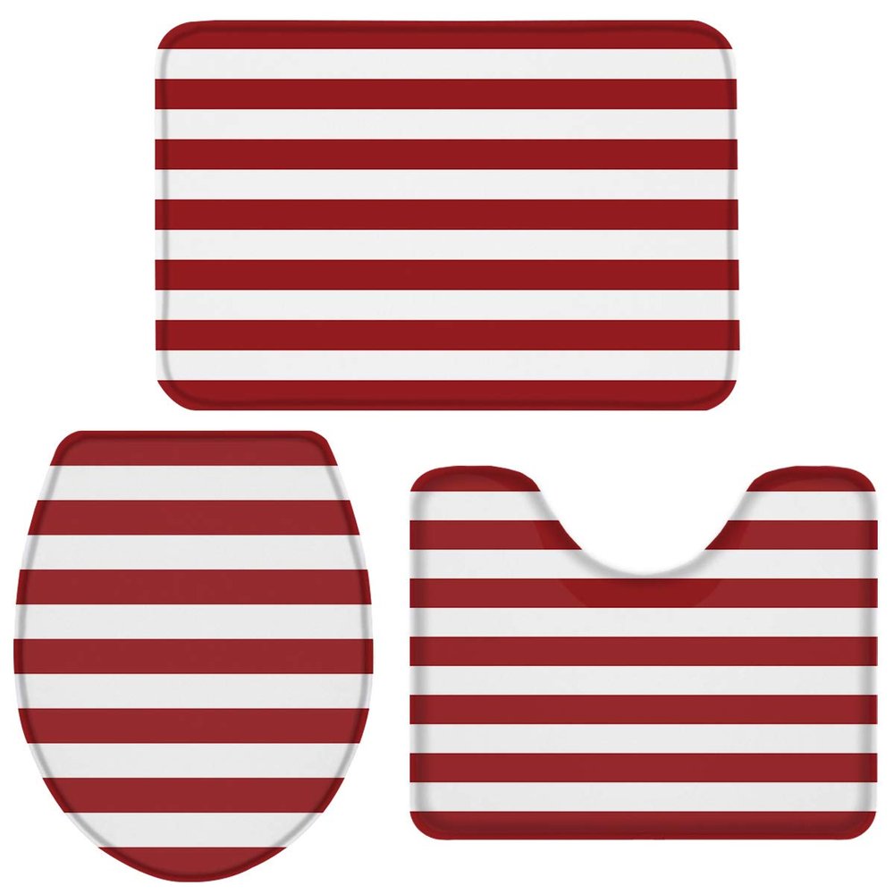 3 Piece Bathroom Rug Mats Set with Non Slip Rubber Includes Contour Mat,Toilet Lid Cover and Mat,Christmas Red and White Stripe for Shower Bathroom Carpets Set Decor,18"x30"+14"x18"+15"x18"