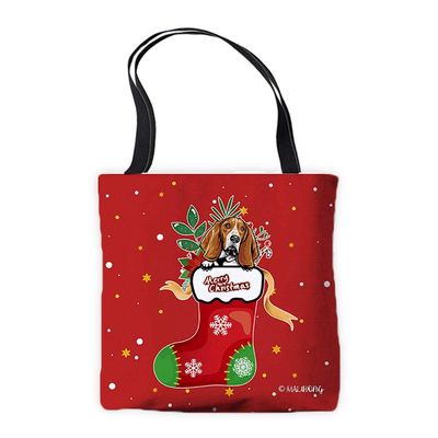 MALIHONG Merry Christmas Peeking Dog Basset Hound in Xmas Sock Red Tote Bag