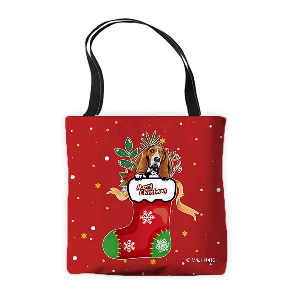 MALIHONG Merry Christmas Peeking Dog Basset Hound in Xmas Sock Red Tote Bag