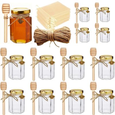 Adabocute Honey Pot, Glass Honey Jars with Wood Dipper, Gold Lid, Bee Charms, Gold Organza Bags, Thank-you Tags, Ideal for Bee Party Favors, 4oz 12 Pack