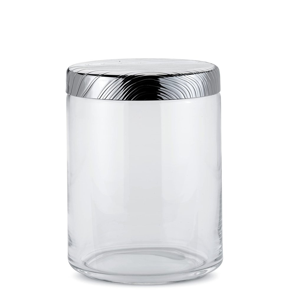 Alessi PU05/150 Veneer Glass jar. Hermetic lid in 18/10 stainless steel with relief decoration