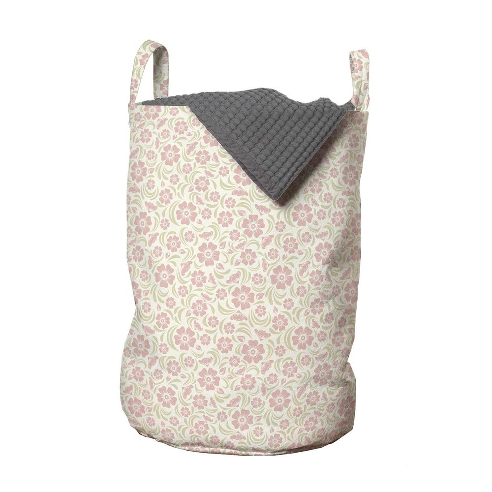 Ambesonne Flower Laundry Bag, Vintage Old Fashioned Floral Pattern Silhouettes Briar Shrubs Roses Retro, Hamper Basket with Handles Drawstring Closure for Laundromats, 13" x 19", Rose Pale Green White