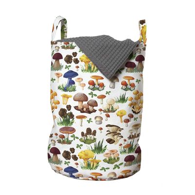 Ambesonne Mushroom Laundry Bag, Pattern of Mushrooms Wild Species Natural Food Garden Exotic Wilderness Art, Hamper Basket with Handles Drawstring Closure for Laundromats, 13" x 19", Brown Beige Green
