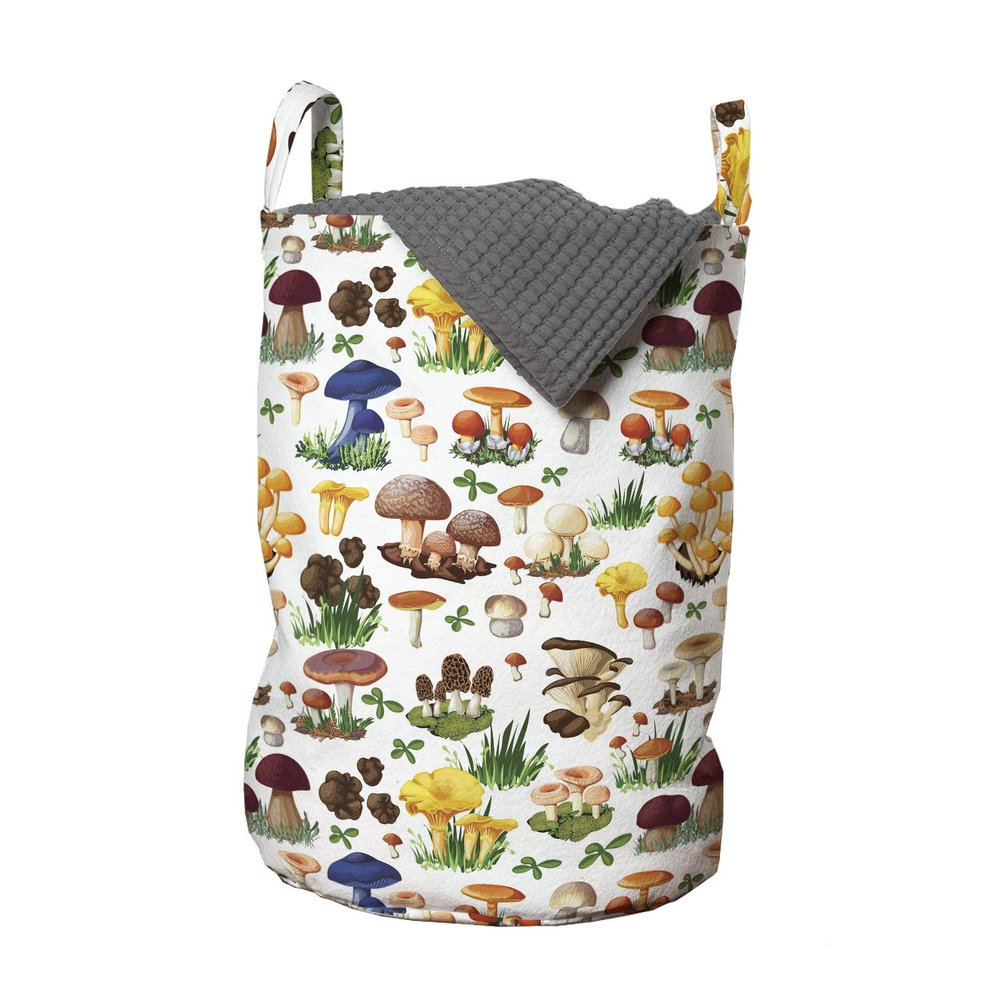 Ambesonne Mushroom Laundry Bag, Pattern of Mushrooms Wild Species Natural Food Garden Exotic Wilderness Art, Hamper Basket with Handles Drawstring Closure for Laundromats, 13" x 19", Brown Beige Green