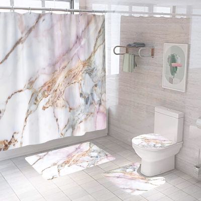 Albodanl 4 Pcs Marble Texture Gold Shower Curtain Sets with Non-Slip Rugs Toilet Lid Cover and Bath Mat Natural Marble Abstract Pink Shower Curtain Bathroom Decor with Hooks 72 x 72 Inch