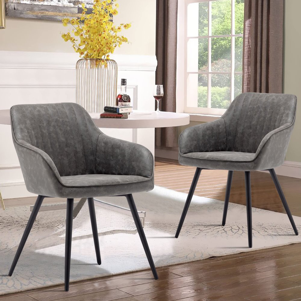 Awonde Faux Leather Accent Chairs Set of 2 Modern Arm Chairs for Dining Room Living Room Office Guest Chair with Metal Legs Gray