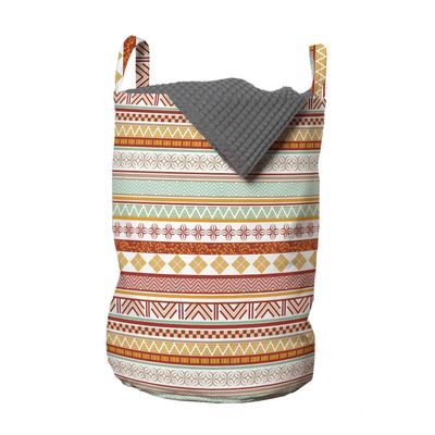 Ambesonne Tribal Laundry Bag, Striped Vintage Pattern with Geometric Floral Shapes Print, Hamper Basket with Handles Drawstring Closure for Laundromats, 13" x 19", Marigold Red