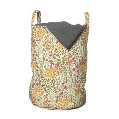 Ambesonne Flower Laundry Bag, Leaves Flowers Old Vintage Ivy Design with Plants Nature Theme Retro Art Print, Hamper Basket with Handles Drawstring Closure for Laundromats, 13" x 19", Green Multicolor