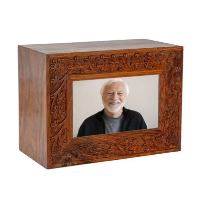 Hind Handicrafts Rosewood Border Engraved Wooden Cremation Urns for Human Ashes Adult - Handcrafted Photo Funeral Memorial Ashes Urn - Columbarium Urn (250 Cubic Inches, Natural)