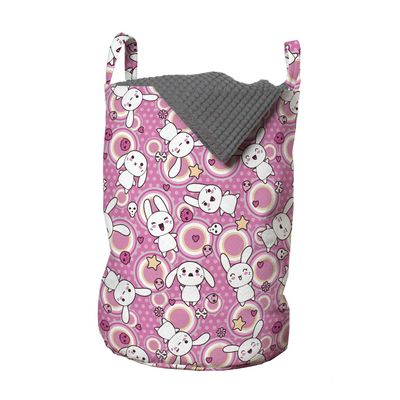 Ambesonne Anime Laundry Bag, Funny Kawaii Illustration Rabbits Funky Animals Bunnies Humor Print, Hamper Basket with Handles Drawstring Closure for Laundromats, 13" x 19", Pink White
