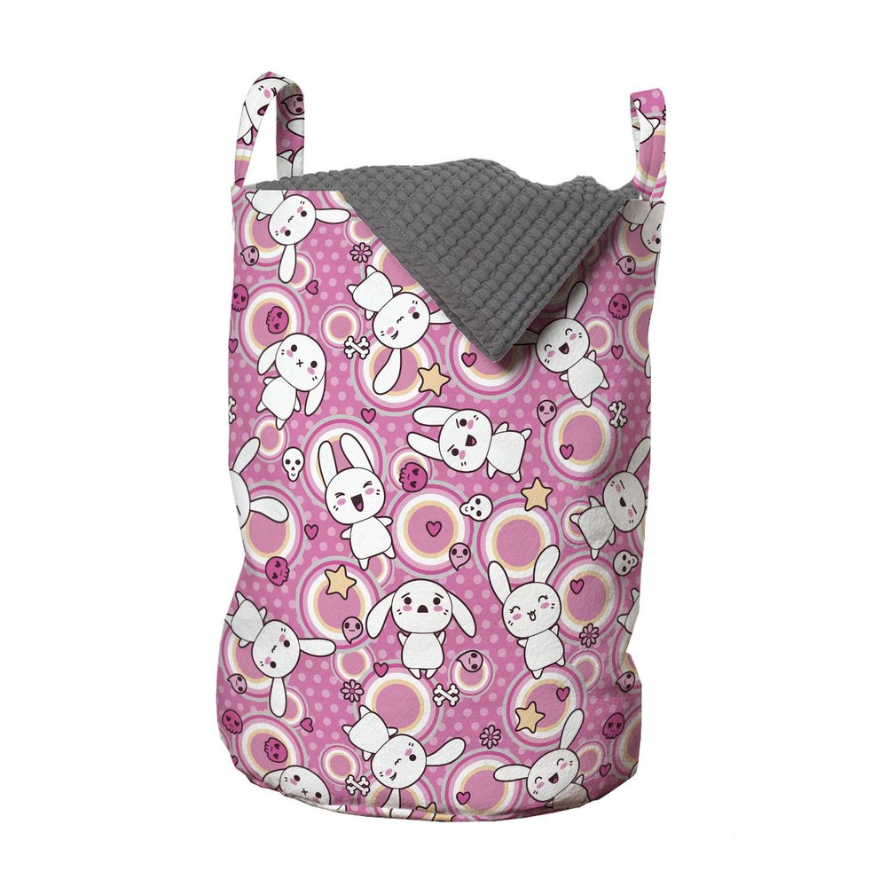 Ambesonne Anime Laundry Bag, Funny Kawaii Illustration Rabbits Funky Animals Bunnies Humor Print, Hamper Basket with Handles Drawstring Closure for Laundromats, 13" x 19", Pink White