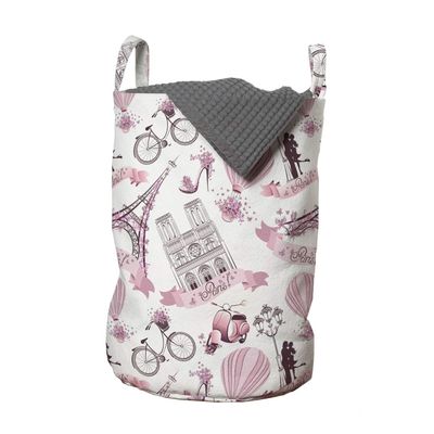 Ambesonne Eiffel Tower Laundry Bag, Travel in Paris Theme Honeymoon Flowers Romance Hot Air Balloon Bike, Hamper Basket with Handles Drawstring Closure for Laundromats, 13" x 19", Pale Pink