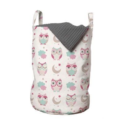 Ambesonne Owls Laundry Bag, Owls Stars Moon Patterns in Feminine Soft Colors Symmetric Design Artwork, Hamper Basket with Handles Drawstring Closure for Laundromats, 13" x 19", Almond Green Pink Tan