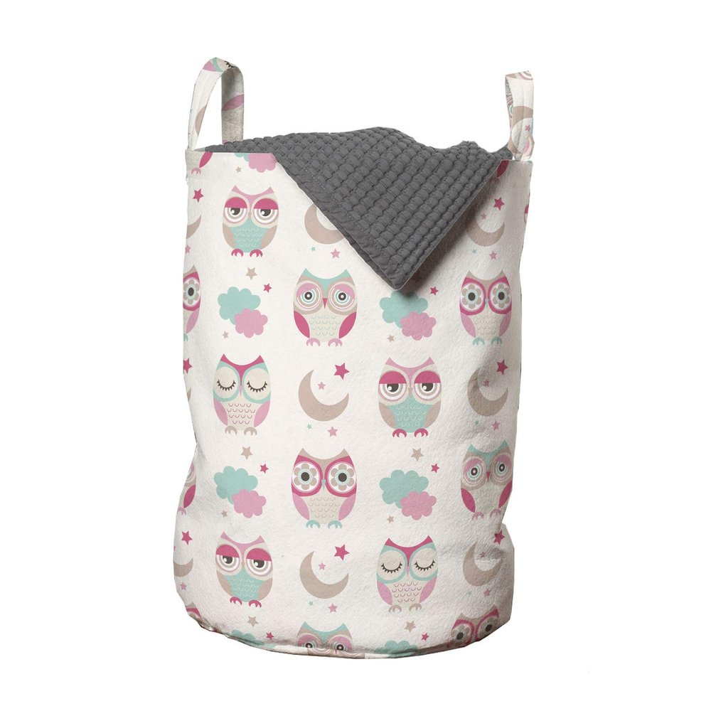 Ambesonne Owls Laundry Bag, Owls Stars Moon Patterns in Feminine Soft Colors Symmetric Design Artwork, Hamper Basket with Handles Drawstring Closure for Laundromats, 13" x 19", Almond Green Pink Tan