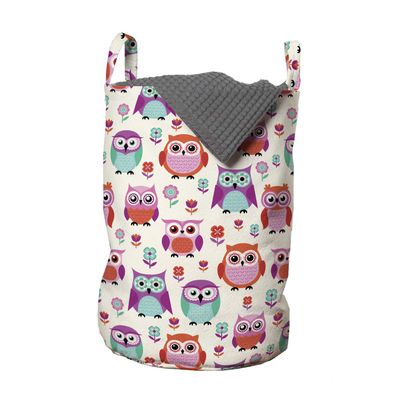 Ambesonne Owls Laundry Bag, Owls Happy Hipster Modern Repeated Animals Pattern Illustration, Hamper Basket with Handles Drawstring Closure for Laundromats, 13" x 19", Fuchsia Seafoam