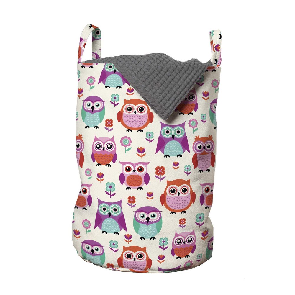 Ambesonne Owls Laundry Bag, Owls Happy Hipster Modern Repeated Animals Pattern Illustration, Hamper Basket with Handles Drawstring Closure for Laundromats, 13" x 19", Fuchsia Seafoam