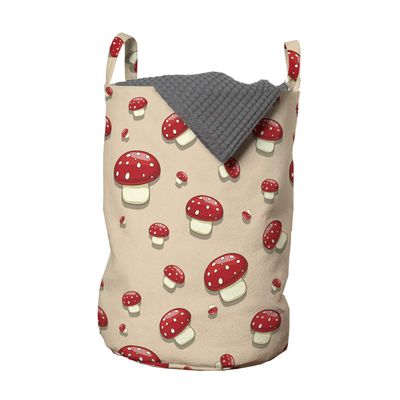Ambesonne Mushroom Laundry Bag, Woodland Themed Illustration of Spotted Toadstool Summer Season Forest Cartoon, Hamper Basket with Handles Drawstring Closure for Laundromats, 13" x 19", Ivory Red