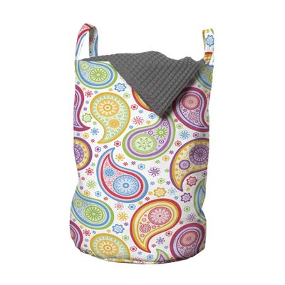 Ambesonne Paisley Laundry Bag, Colored Patterned Backgrounded with Old Paisley Flowers and Circles Artwork, Hamper Basket with Handles Drawstring Closure for Laundromats, 13" x 19", Green White