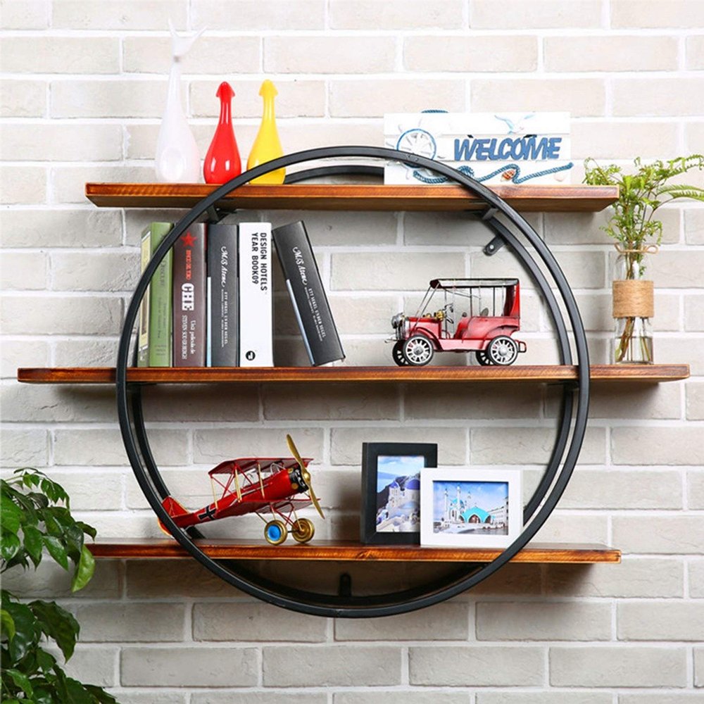 WYFZT Long Round Wall Shelf Unit, Rustic Floating Shelves for Walls, Wooden and Metal Wall Mounted Hanging Storage Rack for Living Room Bedroom, Kitchen Shelves, Shabby Chic (Size : 1002470cm)