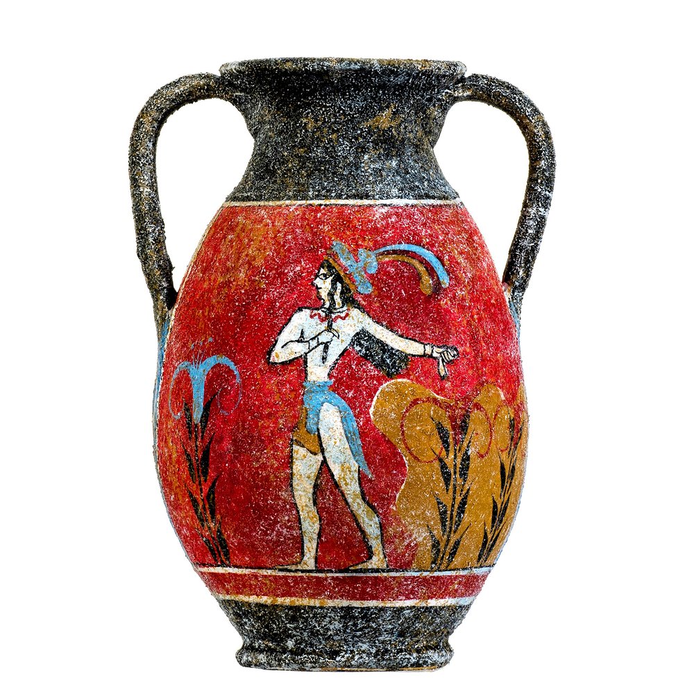 Ancient Greek Minoan Amphora Handmade Ceramic Pottery Vase with Fresco Prince of Lilies Mural S