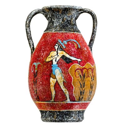 Ancient Greek Minoan Amphora Handmade Ceramic Pottery Vase with Fresco Prince of Lilies Mural