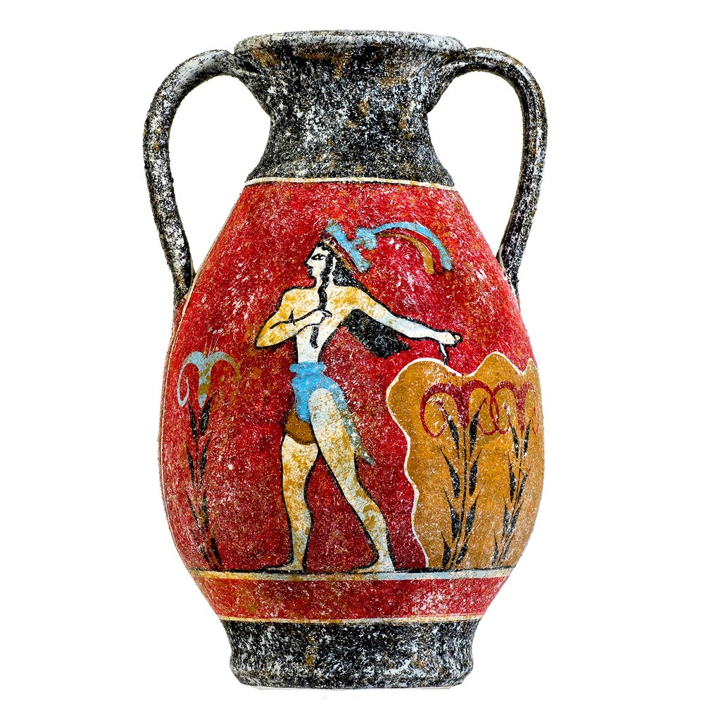 Ancient Greek Minoan Amphora Handmade Ceramic Pottery Vase with Fresco Prince of Lilies Mural