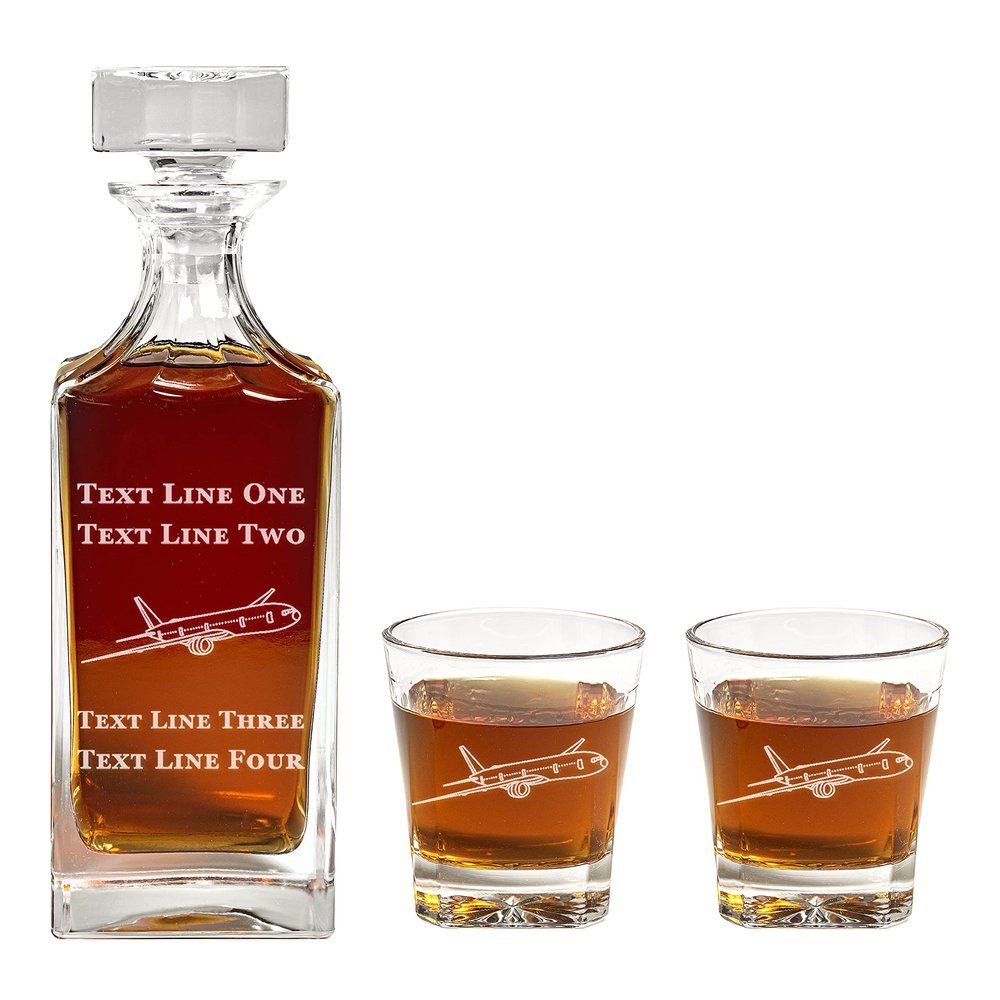 747 Commercial Airplane Decanter Set - 900ml Engraved Decanter w/ 747 Commercial Airplane - Retirement Gift, Gift for Promotion, Unique, Milestone Gift - Pilot Present - Pilot Gifts for Men and Women