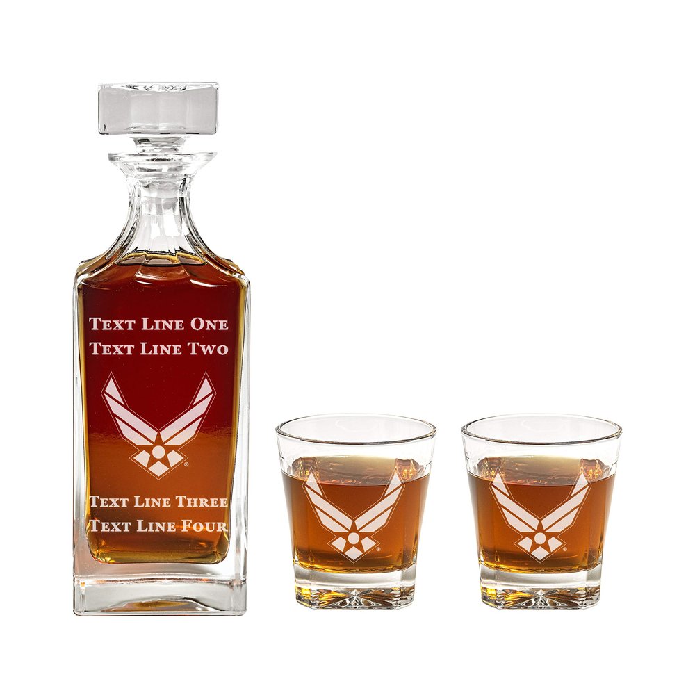 Air Force Decanter Set - 900ml Engraved Decanter w/Air Force Hap Arnold Wings - Retirement Gift, Gift for Promotion, Unique Gift - Military Present - USAF Gifts for Men and Women