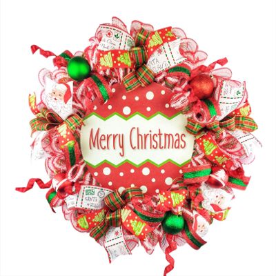 Artisan 20x20x6 "Merry Christmas" Wreath Featuring a 12' Metal Sign & Christmas Ribbon. Wreath is Very Full, Made with 30 Feet of Weather Resistant Snow Metallic Fabric