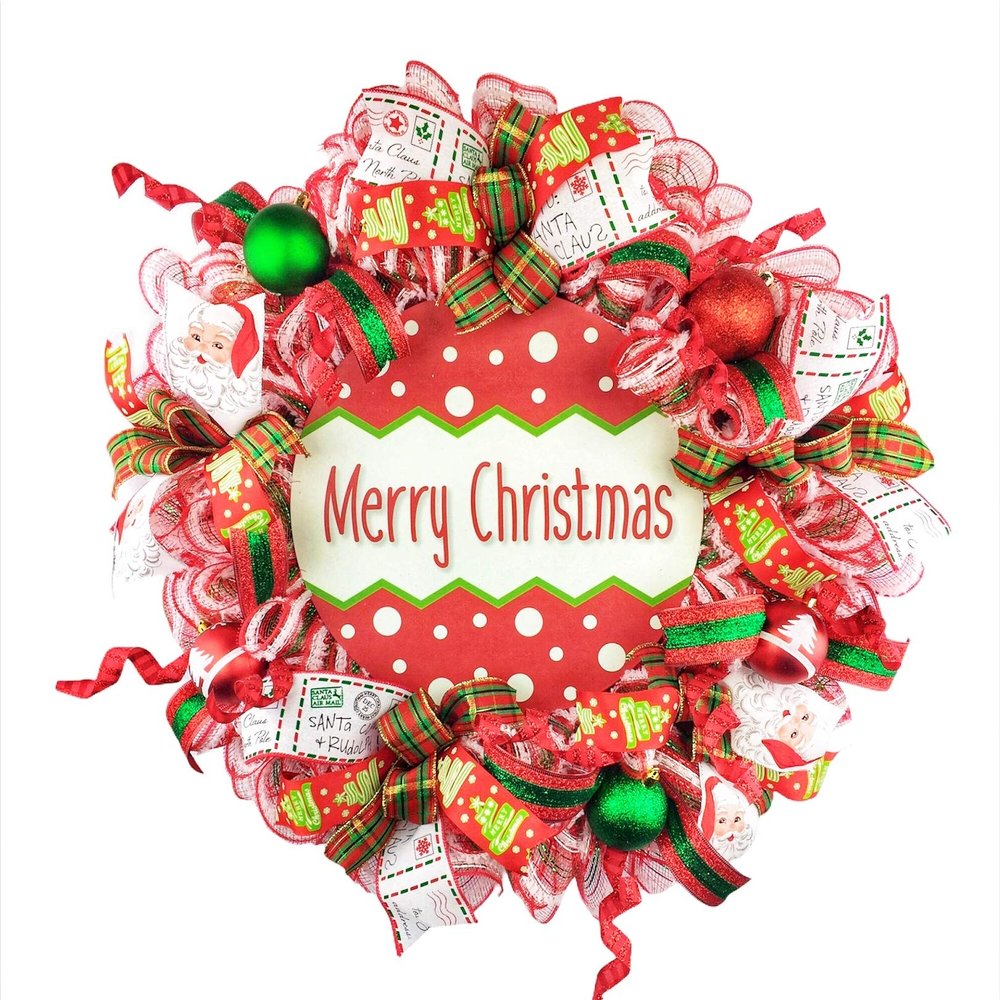 Artisan 20x20x6 "Merry Christmas" Wreath Featuring a 12' Metal Sign & Christmas Ribbon. Wreath is Very Full, Made with 30 Feet of Weather Resistant Snow Metallic Fabric