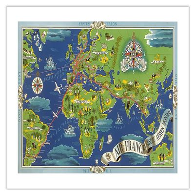 Rseau Arien Mondial (Global Air Network) - Fly Routes World Map - France Planisphere - Vintage Airline Travel Poster by Lucien Boucher c.1950 - Bamboo Fine Art 290gsm Paper (Unframed) 17x22in