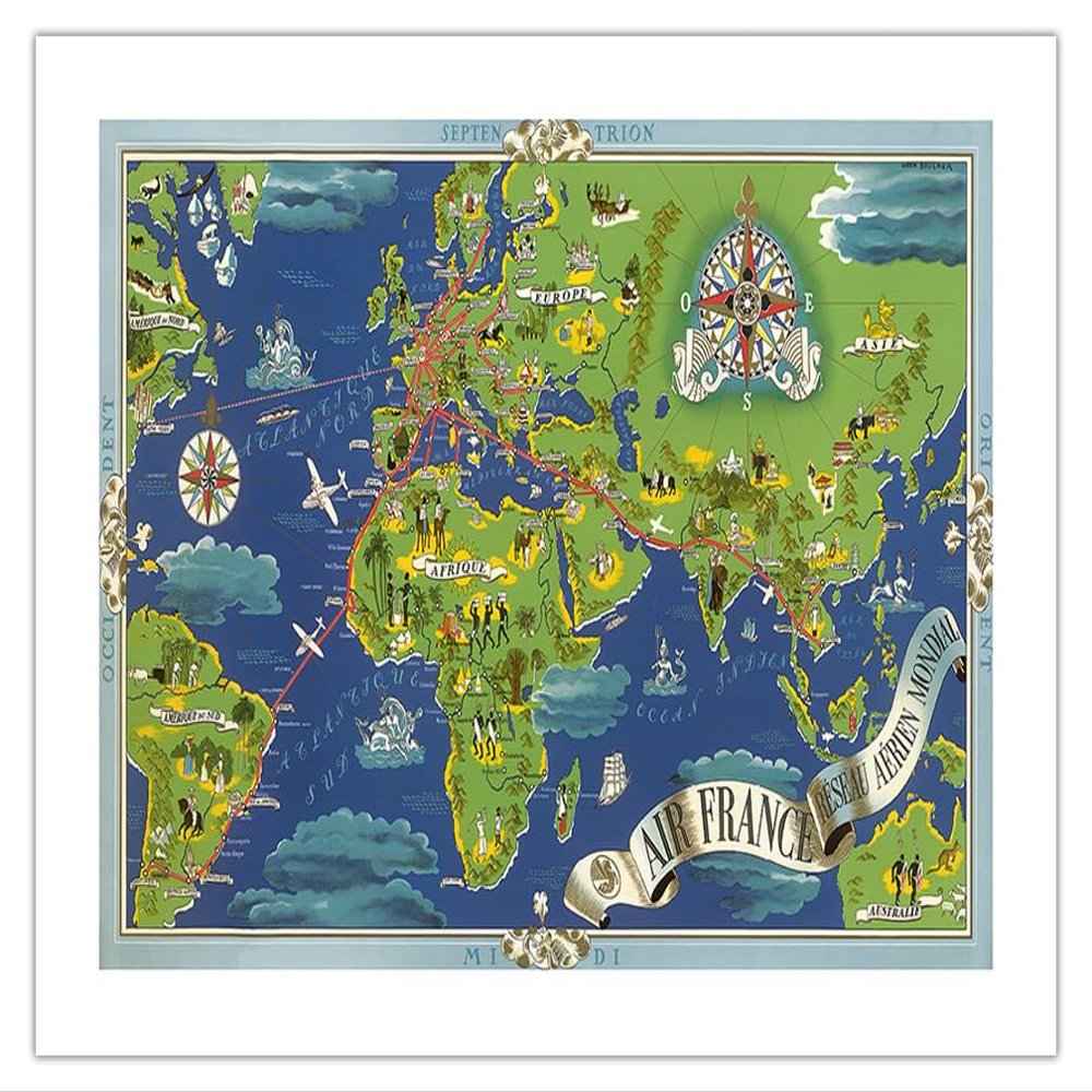 Rseau Arien Mondial (Global Air Network) - Fly Routes World Map - France Planisphere - Vintage Airline Travel Poster by Lucien Boucher c.1950 - Bamboo Fine Art 290gsm Paper (Unframed) 17x22in