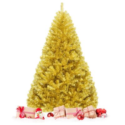 Happygrill 6FT Golden Christmas Tree Artificial Tinsel Xmas Tree with Metal Stand, 1036 Branch Tips Artificial Hinged Christmas Tree for Holiday Decoration