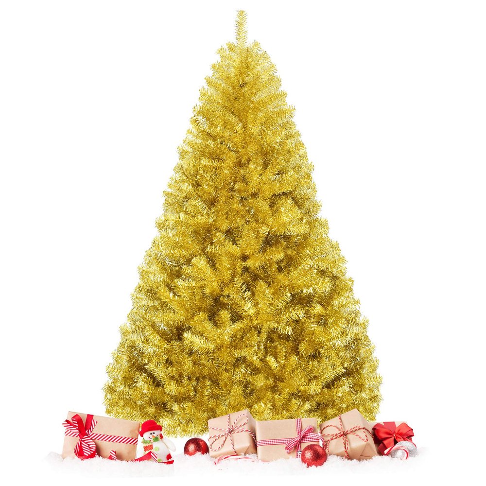 Happygrill 6FT Golden Christmas Tree Artificial Tinsel Xmas Tree with Metal Stand, 1036 Branch Tips Artificial Hinged Christmas Tree for Holiday Decoration